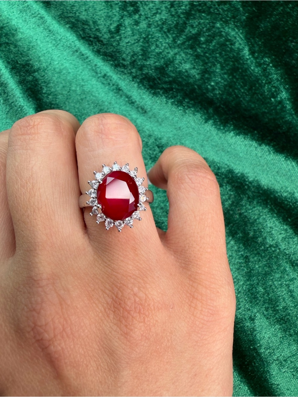 14K Gold Plated Red Oval Halo Adjustable Cocktail Ring